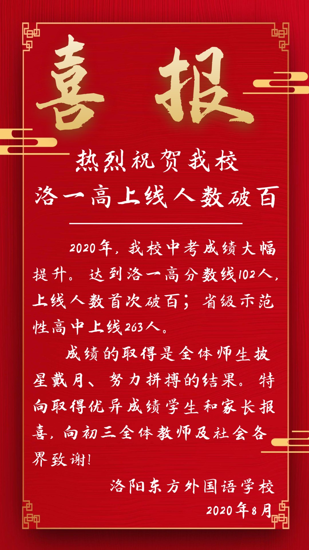 熱烈祝賀洛陽東方外國語學校2020中考洛一高過線人數(shù)破百